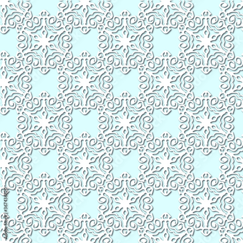 White snowflakes on pale blue background, damask ornament seamless pattern. Paper cut style