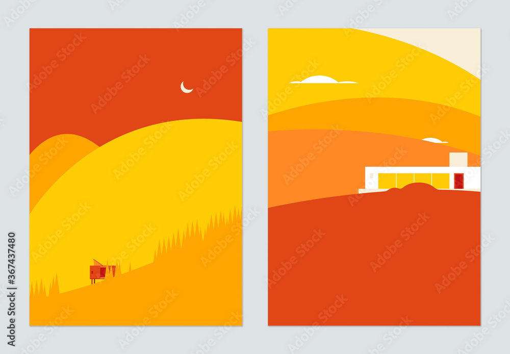 Minimalist landscape poster design, modern house on the mountain in warm tone