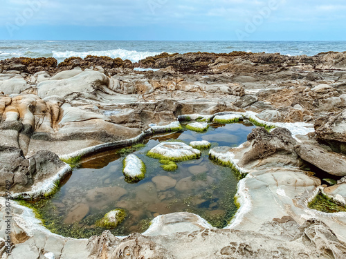 Low tide in the Pacific ocean. Empty stone beach. Sunny day, blue sky with white clouds. Pacific coastline. Bean Hollow State Beach, California, USA photo