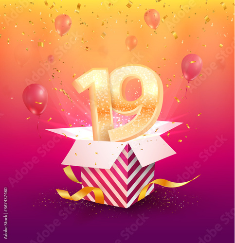 19 th years anniversary vector design element. Isolated nineteen years jubilee with gift box, balloons and confetti on a bright background. 