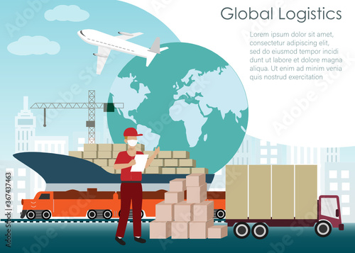 Global logistics concept. Shipping worker loading carton boxes in container with airfreight, seafreight and local transportation by train and truck, world map background. Vector Illustration.