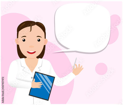 Smiling doctor woman with tablet consults patients online. Online medicine. Stay home. Flat illustration.