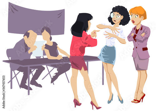 Girls argue at conference. Political Canvasser. Funny people.