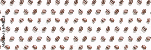 Many coffee beans at white background. Isolated pattern seeds. Roast arabica restaurant concept. Taste energy brown morning beverage. Cafe wallpaper. Horizontal banner. Hard shadows