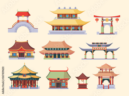 Traditional Asian palaces and temples set. Ancient Chinese style buildings two tiered roofed dragon tail arch bridges Japanese ritual pagodas Korean noble houses. Ethnic cartoon vector.