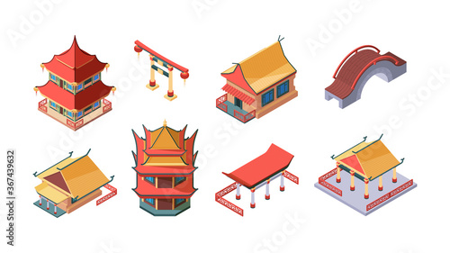 Chinese ethnic buildings isometric set. Asian traditional ancient style arch bridge multitier temple pagoda japanese ritual gate korean noble houses oriental structures. Vector cartoon isometric.