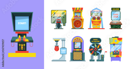 Game arcade machine set. Electronic gaming machine with joysticks screen laser pistol duel colorful entertainment retro consoles stationary devices checking strength good luck. Vector controller.