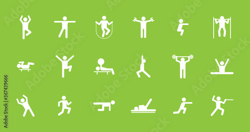 Fitness and sports workout icons set. Exercises in gym and sports ground running pulling up on bar lifting weights jumping rope pictogram of fencer yoga complex squats. Symbolic vector.
