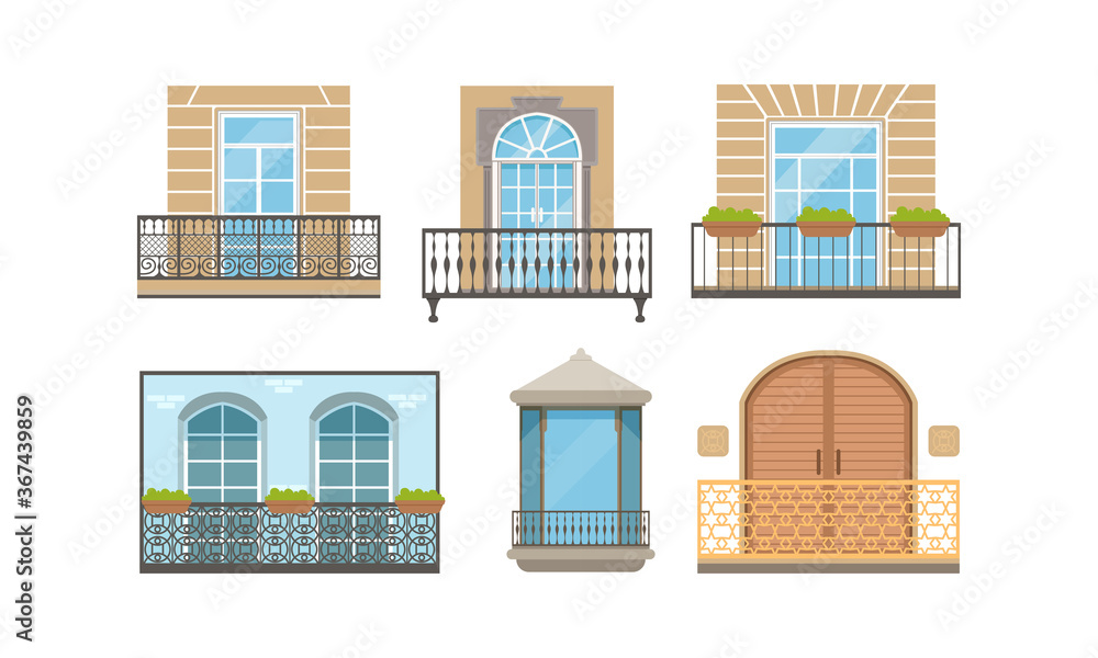 Window with Balcony Set, Classic and Modern House Exterior, Building Facade Design Vector Illustration Window with Balcony Set, Classic and Modern House Exterior, Building Facade Design Vector Illustration