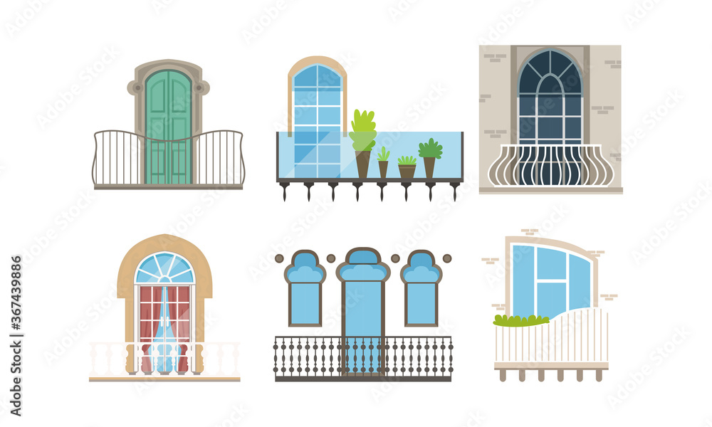 Fototapeta premium Windows with Balconies of Different Styles Set, Classic and Modern House Exterior, Building Facade Design Vector Illustration