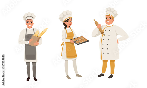 Bakers Characters Set, Cheerful People in Uniform Baking Bread Cartoon Style Vector Illustration