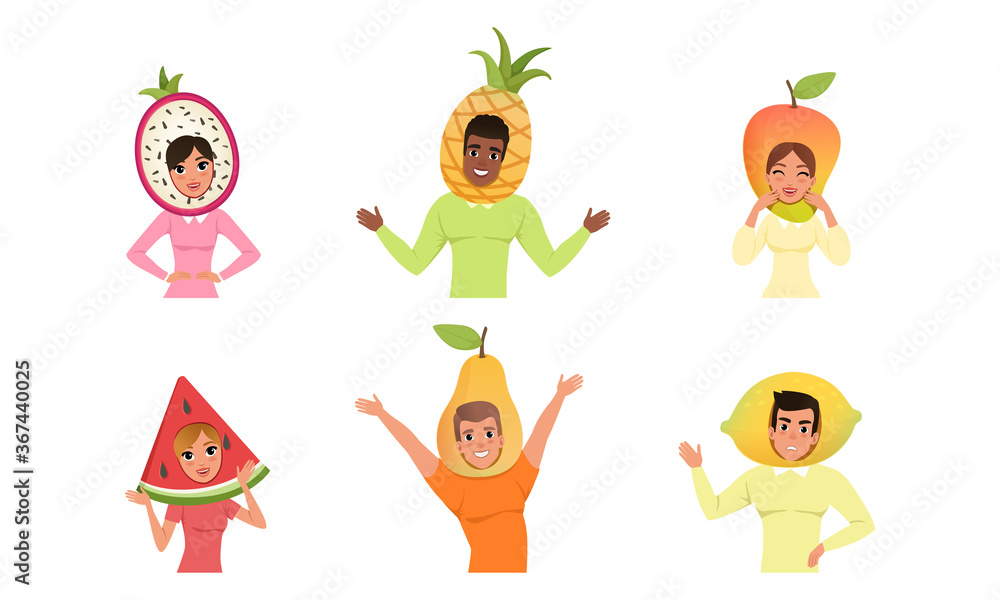 Happy People in Various Fruit Hats Set. Smiling Men and Women Wearing as Dragon, Pineapple, Mango, Watermelon, Pear, Lemon Cartoon Style Vector Illustration Happy People in Various Fruit Hats Set. Smiling Men and Women Wearing as Dragon, Pineapple, Mango, Watermelon, Pear, Lemon Cartoon Style Vector Illustration