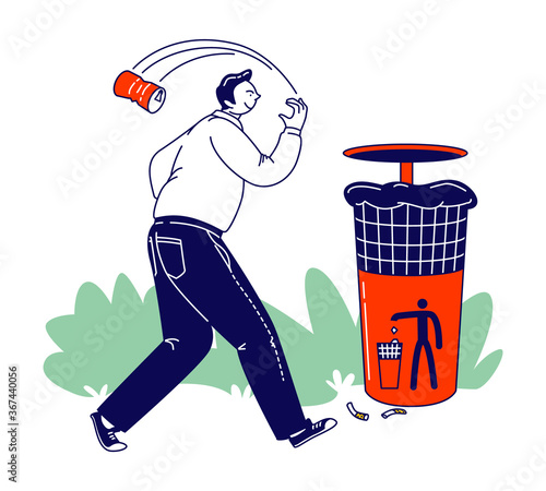 Irresponsible Citizen Passing by Litter Bin Throwing Garbage on Ground Ignoring Warning Sign. Disgusting Human Behavior