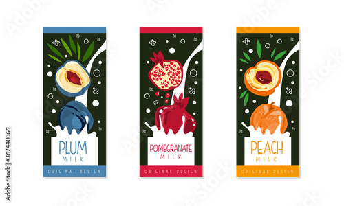Fruit Milk Packaging Label Design Set, Plum, Pomegranate, Peach Natural Organic Fresh Healthy Dairy Products Cartoon Style Vector Illustration