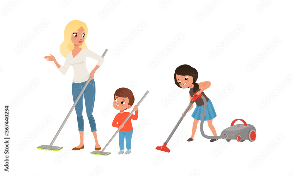 Happy Parents and Kids Doing Housework Together Set, Mom and Children Cleaning and Mopping Floor, Cartoon Style Vector Illustration Happy Parents and Kids Doing Housework Together Set, Mom and Children Cleaning and Mopping Floor, Cartoon Style Vector Illustration