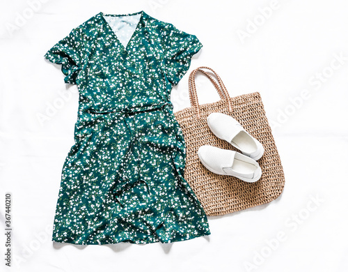 Fototapete Summer women's clothing set - boho dress on the smell, straw tote bag, white lea
