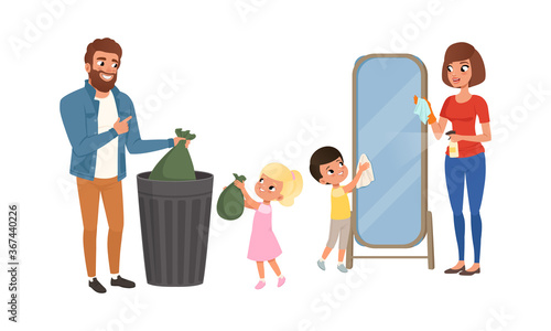 Happy Parents and Kids Doing Housework Together Set, People Throwing Garbage into Trash Bin and Cleaning Mirror Cartoon Style Vector Illustration