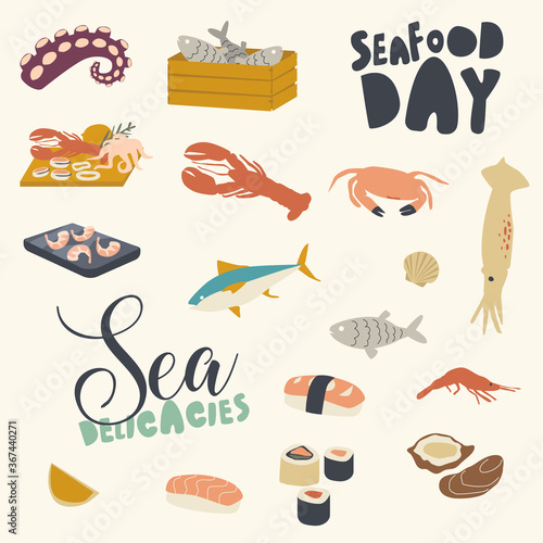 Icons Set, Seafood Themed Background with Asian or Mediterranean Cuisine, Raw or Cooked Fish, Octopus, Prawns with Crab