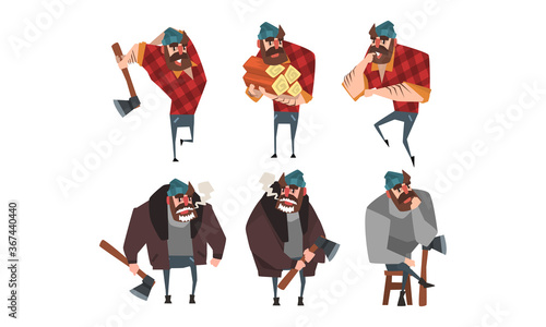 Lumberjack in Different Poses Set, Strong Woodcutter Cartoon Character Style Vector Illustration on White Background