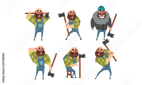 Bearded Lumberjack in Different Poses Holding Axe in his Hands, Strong Woodcutter Cartoon Character Style Vector Illustration