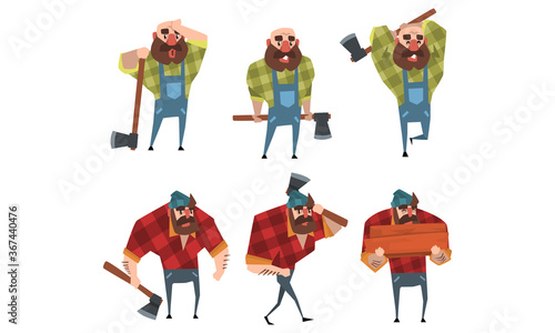 Lumberjack in Different Poses Set, Strong Woodcutter Cartoon Character Holding Axe in his Hands at Work Style Vector Illustration
