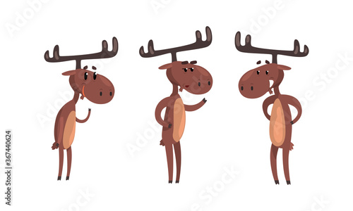 Set of Funny Brown Moose in Various Poses Set, Cute Wild Forest Animal Cartoon Character Standing on its Hind Legs Cartoon Style Vector Illustration