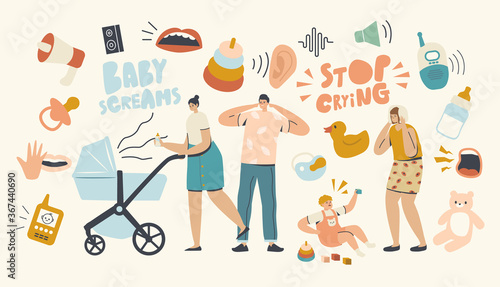 Tired Woman and Man Characters with Kid Stroller Suffer of Newborn Baby Crying. Child with Cramps Screaming, Capricious