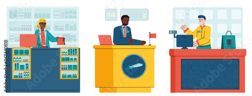 Cashiers and receptionists men and women cartoon characters at workplace at a counter desk, flat cartoon vector illustration isolated on white background.
