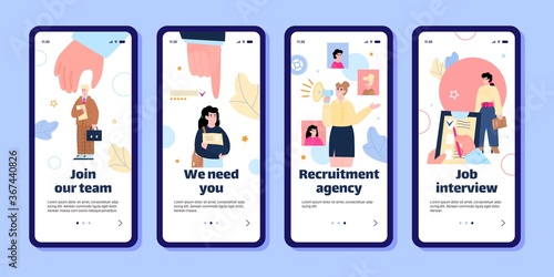 Employee recruitment and job interview app banner set - smartphone screens with work candidate search poster concepts. Cartoon people vector illustration.