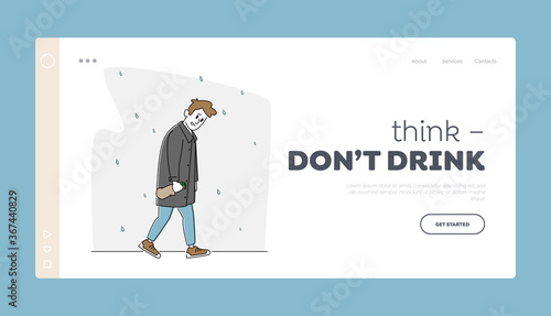 Depression, Alcoholism Landing Page Template. Sad Male Character with Alcohol Bottle Wrapped in Paper Walking under Rain
