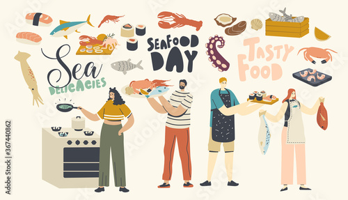 People Cooking Seafood Concept. Male and Female Characters Prepare Delicacies Fish, Crab and Octopus with Squid, Shrimps