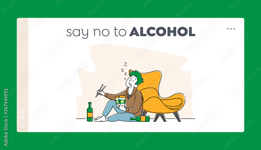 Man Alcoholic, Alcoholism Addiction Bad Habit Landing Page Template. Drunk Male Character with Wok Box Sleeping on Floor