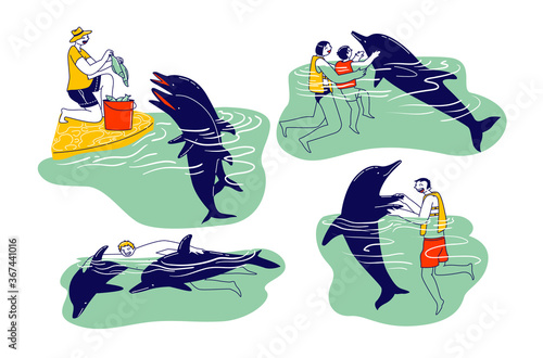 People Swimming with Dolphins. Adults and Children Characters Playing with Cute Sea Animals, Feeding with Fish, Vacation