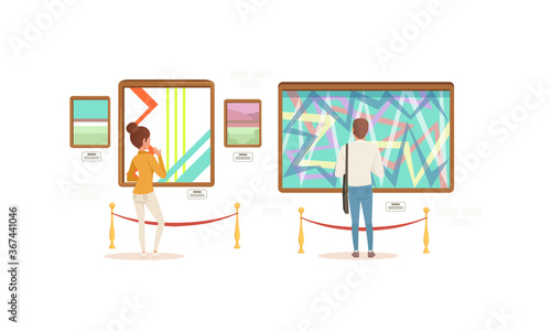 Visitors Viewing Modern Abstract Paintings, People Visiting Modern Art Exhibition Gallery or Museum Cartoon Style Vector Illustration