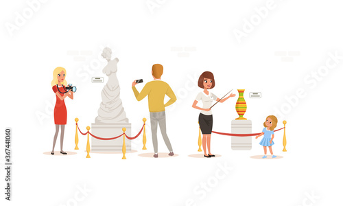 Visitors and Guide in Art Museum, People Admiring Sculpture and Vase Cartoon Style Vector Illustration
