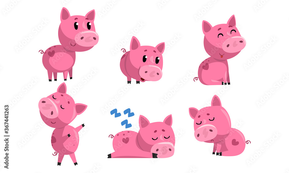 Cute Piglets Collection, Cute Funny Pink Pigs Cartoon Characters in Different Poses Vector Illustration
