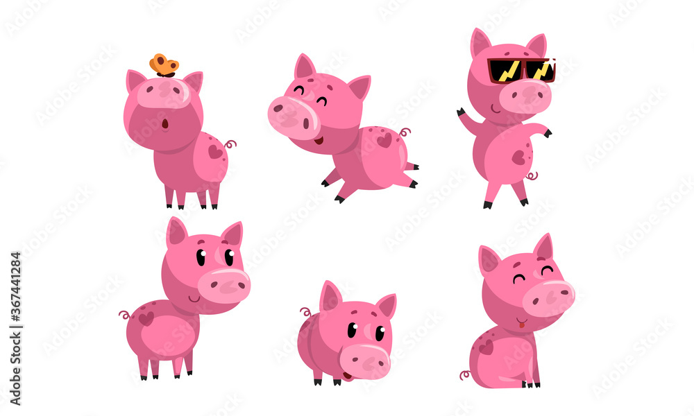 Cute Funny Piglets Set, Adorable Piggies Cartoon Characters in Different Poses Vector Illustration
