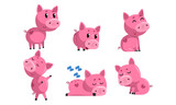 Cute Piglets Collection, Cute Funny Pink Pigs Cartoon Characters in Different Poses Vector Illustration