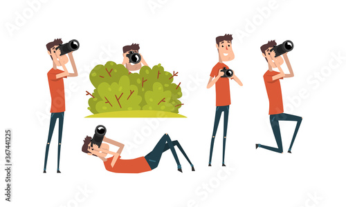 Paparazzi Taking Photo with Digital Camera Set, Photographer Cartoon Character Shooting with Camera, Creative Profession or Occupation Vector Illustration