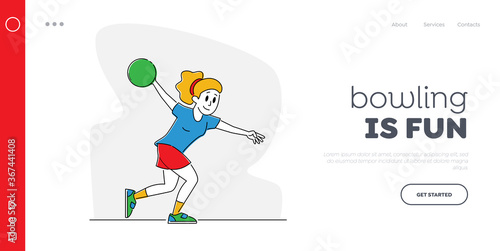 Relaxed Sparetime Landing Page Template. Woman Spend Time in Bowling Club on Weekend, Female Character Playing Bowling