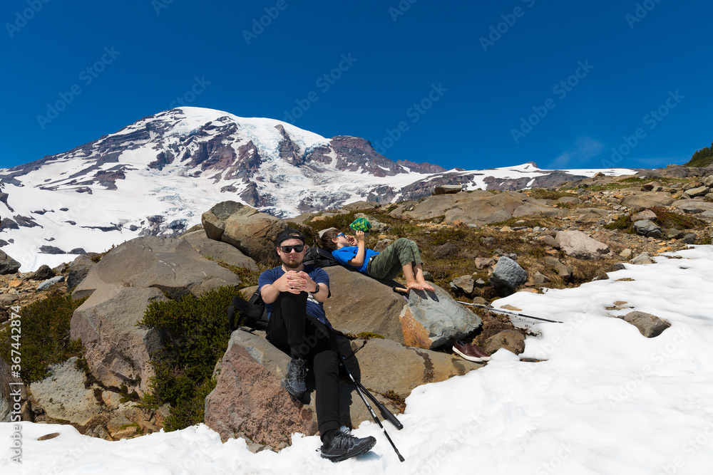 Father and son hiking at Cascade mountains