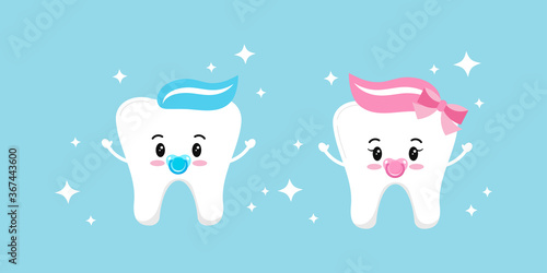 Cute baby tooth boy and girl with dummy vector set isolated on background. Collection of sweet and funny teeth signs. Flat cartoon style first tooth design elements. Vector character illustration.
