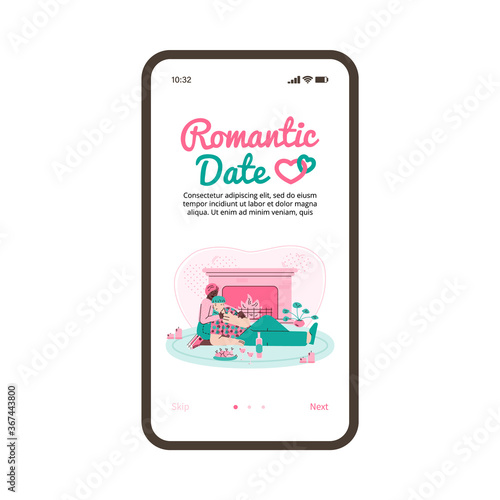 Romantic date and virtual dating application design of onboarding mobile page with man and woman characters, cartoon vector illustration isolated on white background.