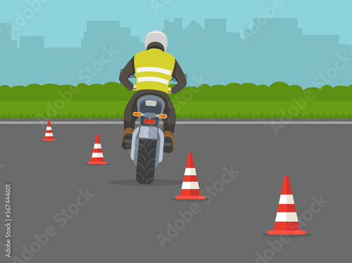 Motorcycle driving lesson. Learner motorcyclist practising to turn while riding a bike. Flat vector illustration template.