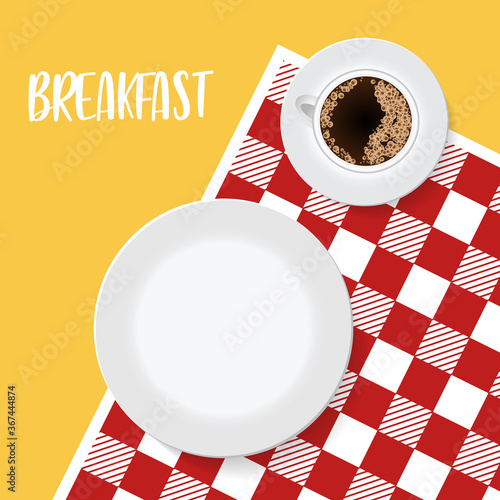 Empty plate and coffe on red tablecloth or napkin. Restaurant or cafe logo template. Waiting for meal icon.