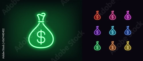 Neon money bag icon. Glowing neon income sign, pouch with dollar