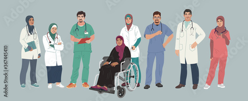 Medical Characters. Middle Eastern Medics. Arab doctors and nurses portraits, team of doctors, medical office or laboratory. Muslim modern flat vector concept digital people vector illustration