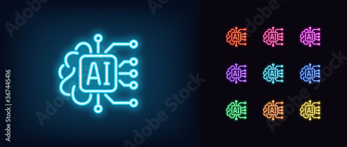 Neon AI icon. Glowing neon artificial intelligence sign, digital mind