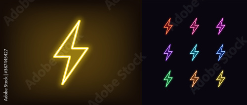 Neon lightning flash icon. Glowing neon thunder bolt sign, electrical discharge photo