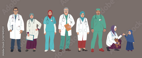 Medical Characters. Middle Eastern Medics. Arab doctors and nurses portraits, team of doctors, medical office or laboratory. Muslim modern flat vector concept digital people vector illustration